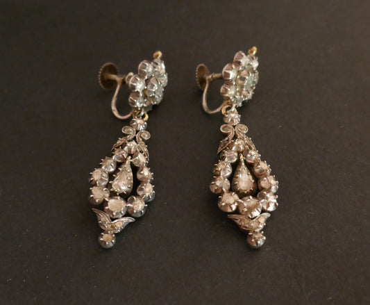 Boucles d'Oreilles XIXe Diamants, Or Et Argent