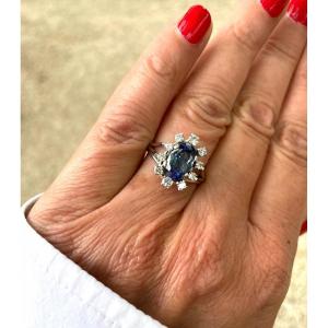 Bague Saphir Entourage Diamants, Or Blanc 18 Carats.
