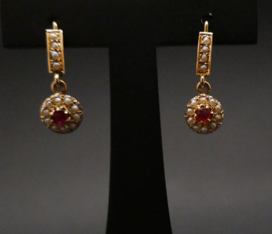 Dormeuses Perles Et Pierre Rouge, Or 18 Carats