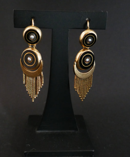 Boucles d'Oreilles Onyx Et Perles, Or 18 Carats
