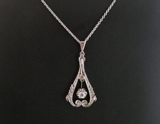 Pendentif Art Déco Serti D'un Diamant Or Blanc 18 Avec Chaîne Or Blanc