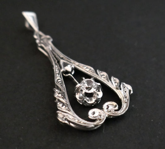 Pendentif Art Déco Serti D'un Diamant Or Blanc 18 Avec Chaîne Or Blanc
