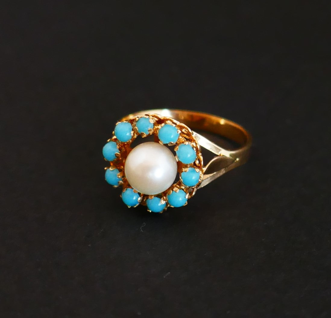 Bague Sertie d'Une Perle De Culture, Entourage De Turquoises