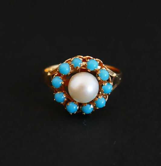 Bague Sertie d'Une Perle De Culture, Entourage De Turquoises
