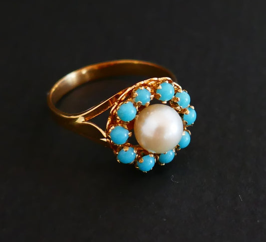 Bague Sertie d'Une Perle De Culture, Entourage De Turquoises