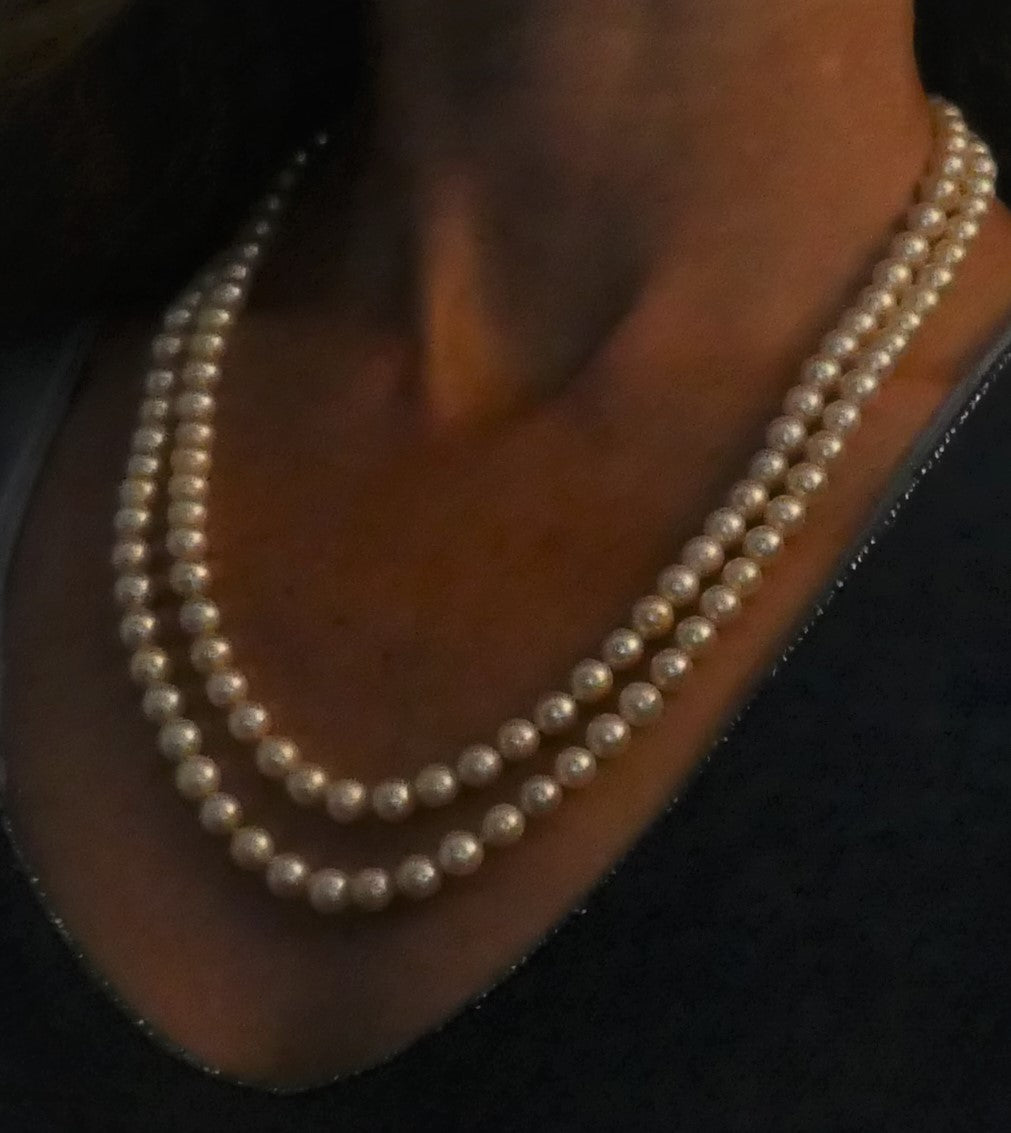 Collier 2 Rangs De Perles De Culture, Diamants Baguettes, Or Blanc 18 Carats