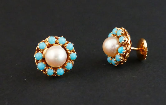 Boucles d'Oreilles Perles Et Turquoises, Or 18 Carats