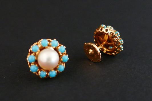 Boucles d'Oreilles Perles Et Turquoises, Or 18 Carats
