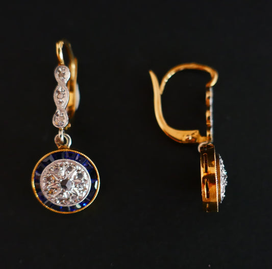 Boucles d'Oreilles Art Déco Diamants Et Saphirs Calibrés