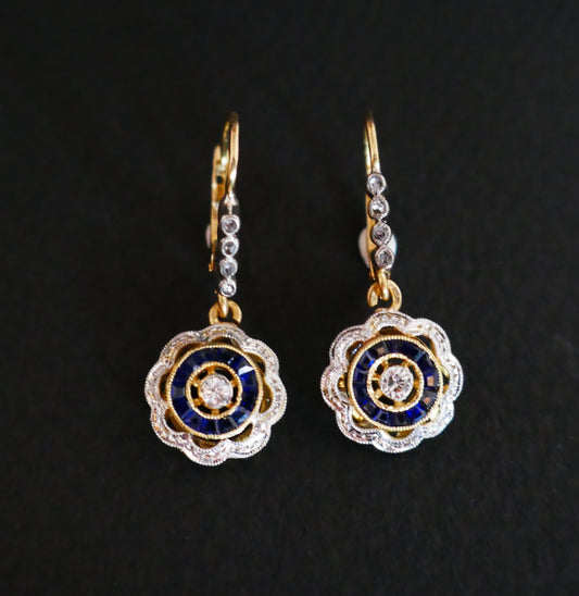 Boucles d'Oreilles Art Déco Diamants Et Saphirs Calibrés