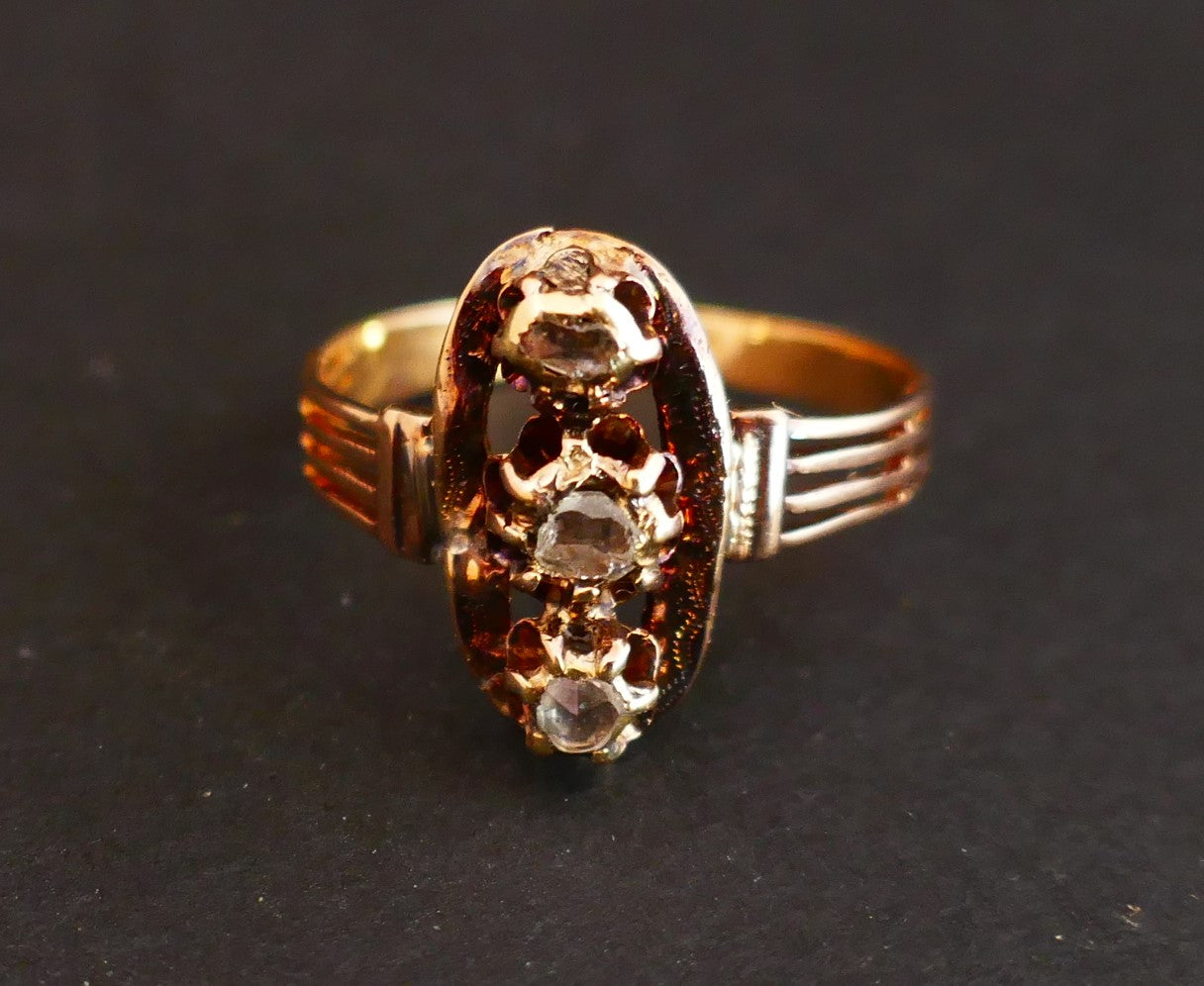 Bague Ancienne Sertie De 3 Diamants Taille Rose, Poinçon Tête De Cheval