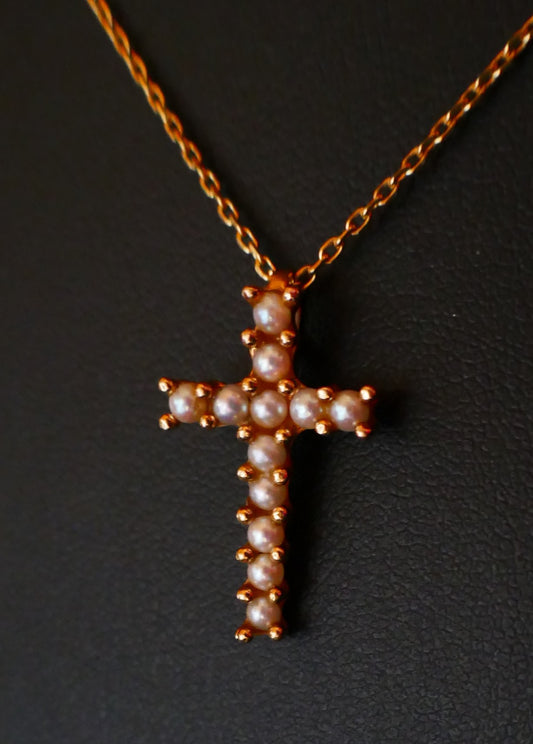 Croix Ornée De Perles, Chaîne, Or Jaune 18 Carats