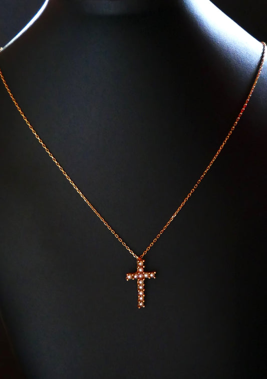 Croix Ornée De Perles, Chaîne, Or Jaune 18 Carats