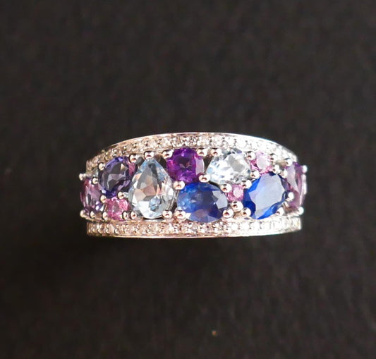 Bague Sertie De Pierres Fines, Améthystes, Topaze, saphir;