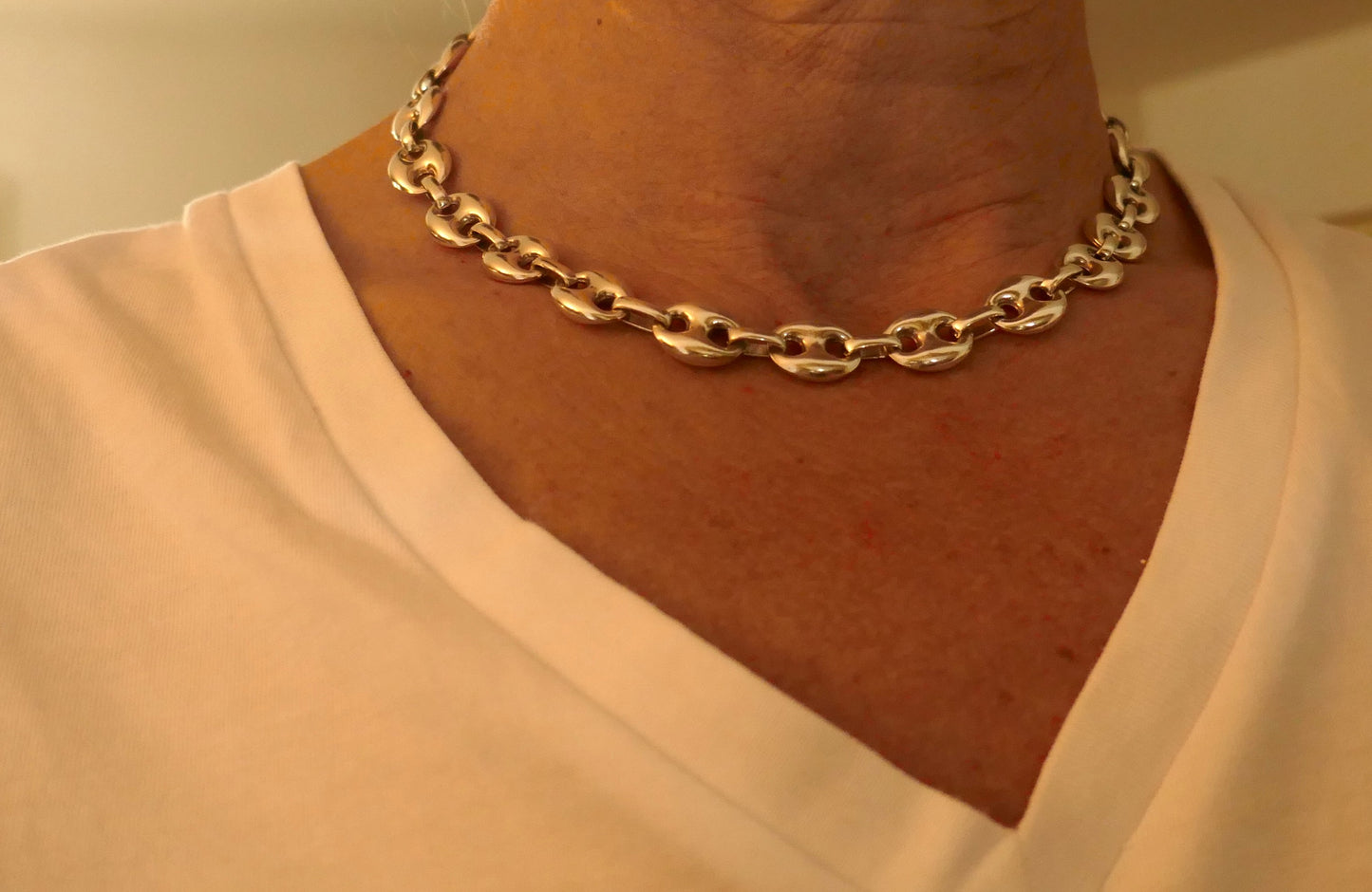 Collier en argent maille grain de café.