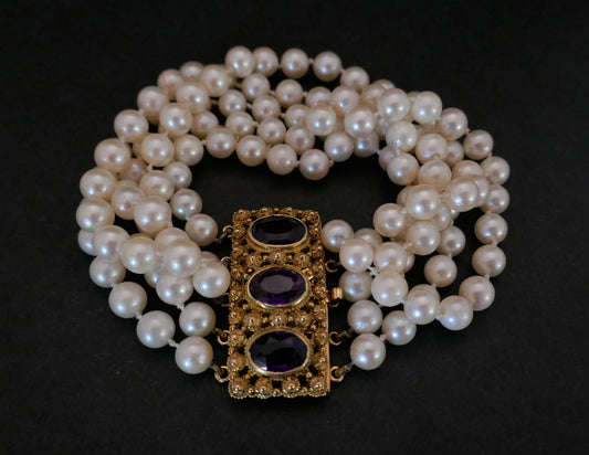 Bracelet 5 Rangs De Perles De Culture, Améthystes