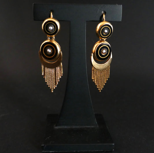 Boucles d'Oreilles Onyx Et Perles, Or 18 Carats